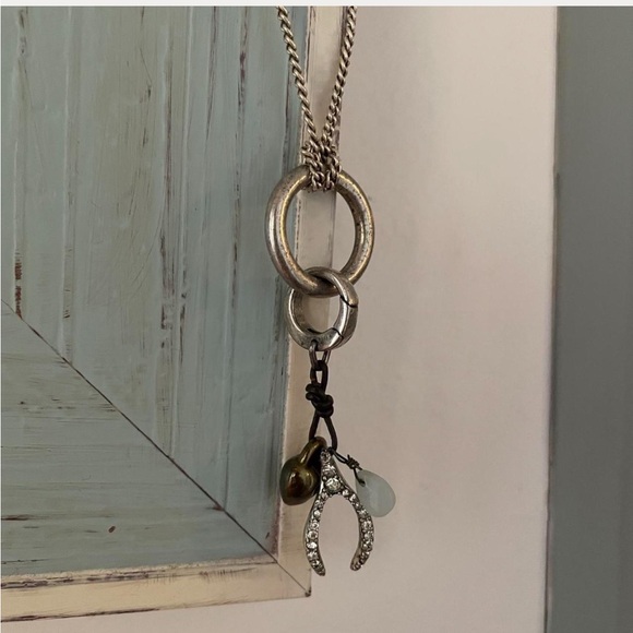 Vintage Fossil Silver Charm/Wishbone Good Luck Necklace - Picture 1 of 5